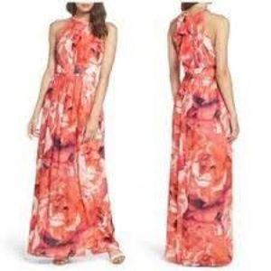 Eliza J Coral-Pink Floral Halter Maxi Dress